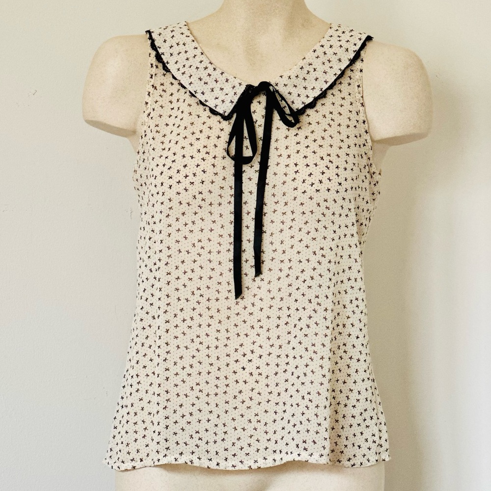 Cream Bow Print Tie Sleeveless Blouse